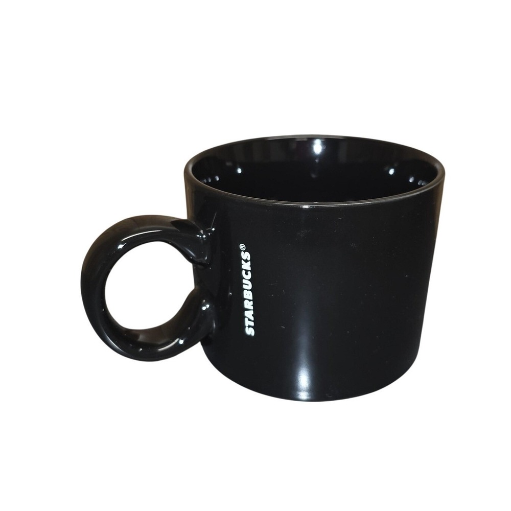 Starbucks 2017 Black Coffee Mug 12oz Solid Spellout Cup Modern Ceramic
